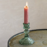 Harlequin green glass candlestick