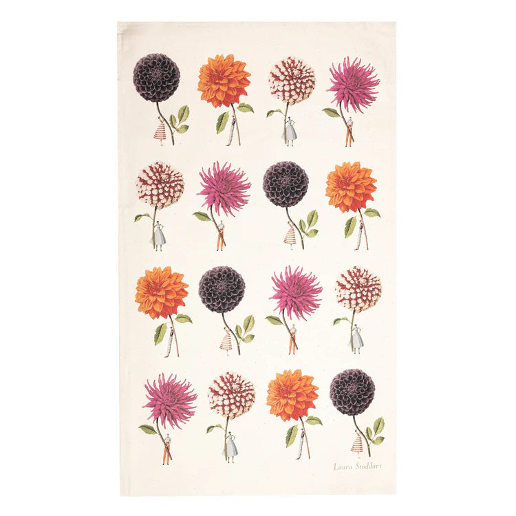 Four dahlias on tea towel