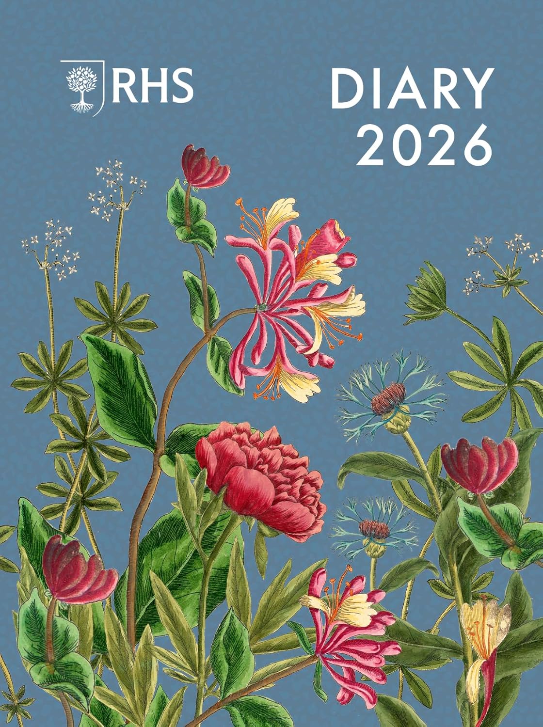 2026 RHS diary cover with floral design on a blue background