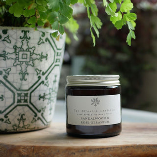 The Botanical Candle Company - Sandalwood & Rose Scented Soy Candle in an Amber Jar