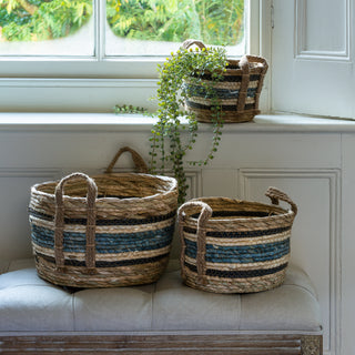Basket - Straw and Corn Blue Stripe with Handles
