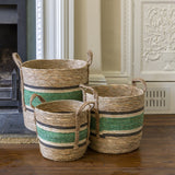 Straw & Corn Woven Basket – Green Handle Storage & Planter