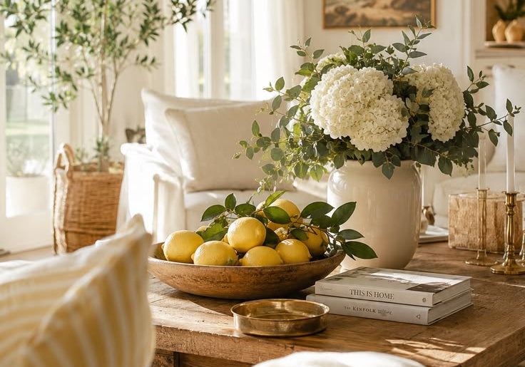 Hydrangeas styled on a sitting room table with candles and home accessories