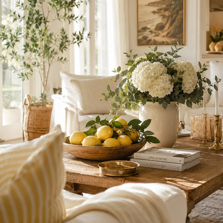 Hydrangeas styled on a sitting room table with candles and home accessories