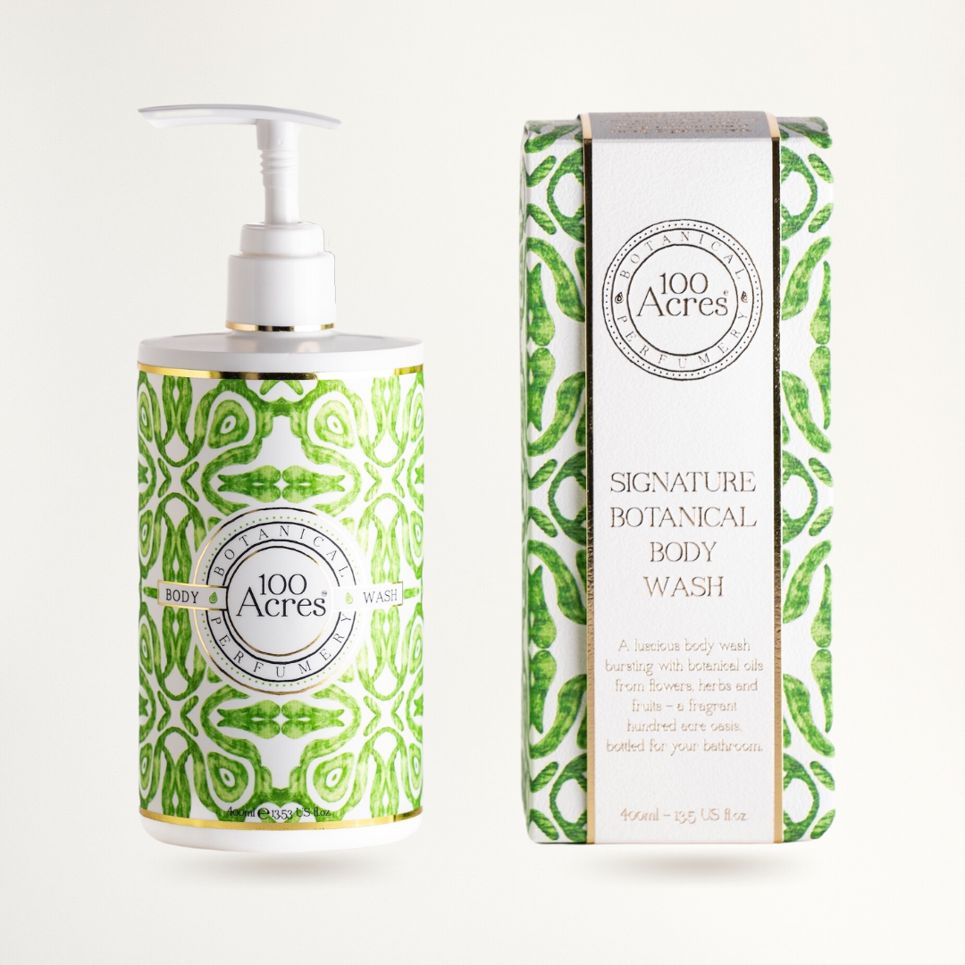 Natural botanical body wash by 100 Acres with orange, geranium and ylang-ylang fragrance