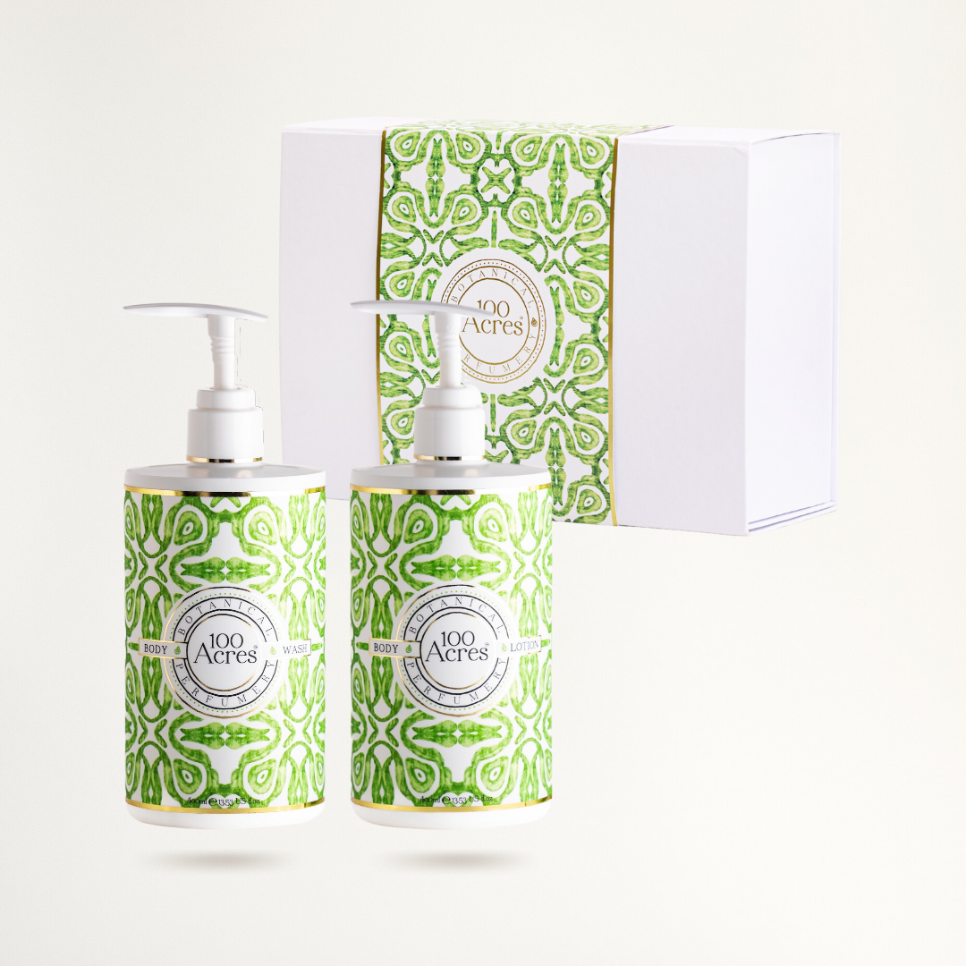 100 Acres luxury body gift set with natural body wash and lotion in gift box