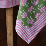Green Block Printed Cotton Tablecloth – Floral Pattern Table Linen