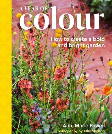 Book cover of 'A Year of Colour' with garden plants and flowers on a yellow background