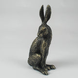 Antique bronze sitting hare ornament with detailed fur texture, decorative resin woodland sculpture for country and contemporary interiors.