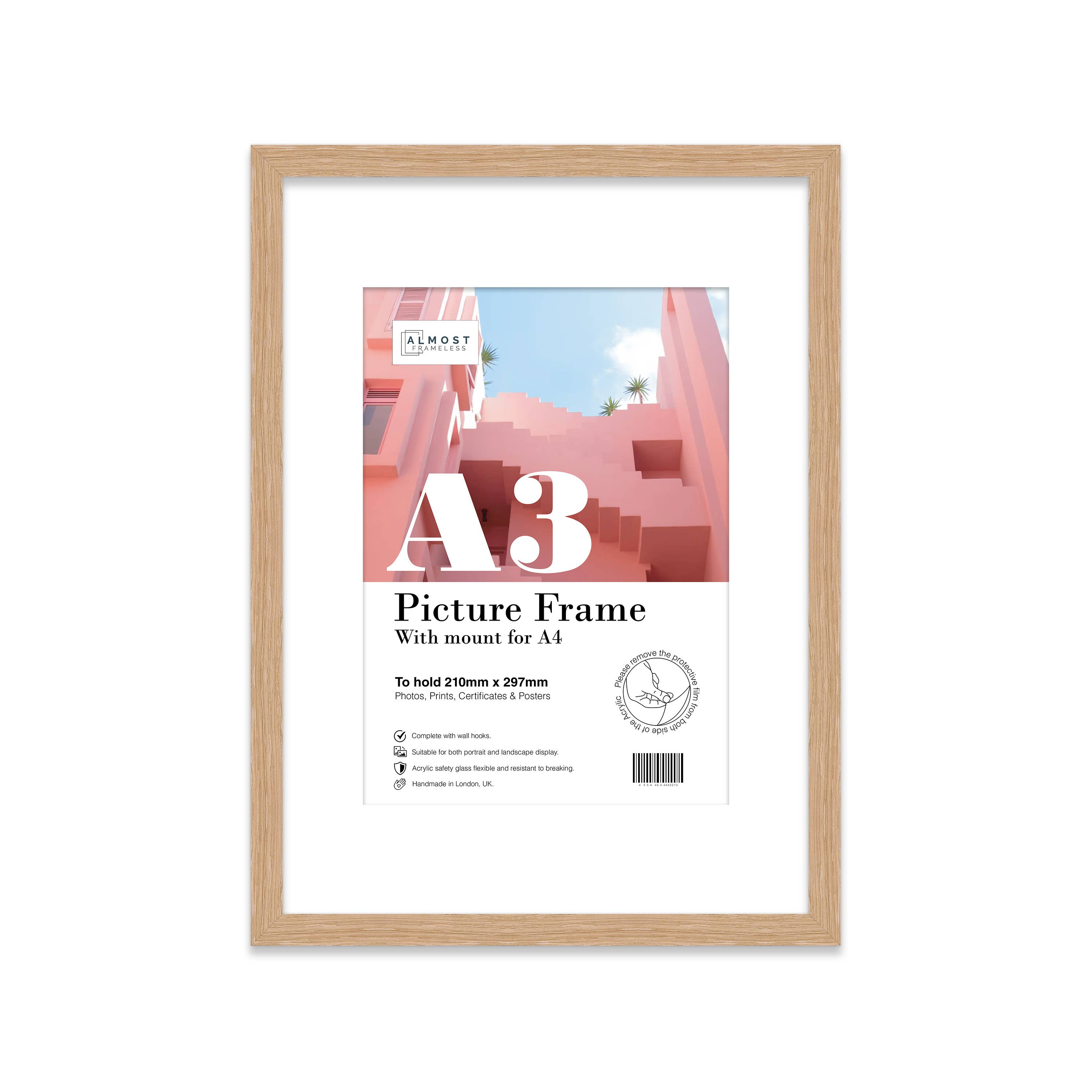 Oak A3 picture frame with A4 mount displaying artwork