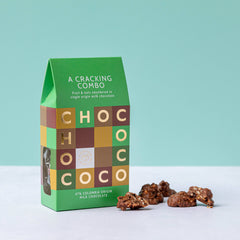 Chococo Fruit & Nut Milk Chocolate Clusters with Colombian milk chocolate, raisins, almonds and roasted hazelnuts.