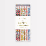 Set of Liberty floral print birthday candles from the Meri Meri x Liberty collaboration presented in a Liberty print gift box.