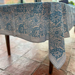 Baby blue block printed tablecloth styled on dining table
