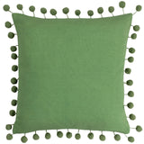 Dora Square Cushion – Leaf Green Cotton Velvet with Pom-Pom Trim
