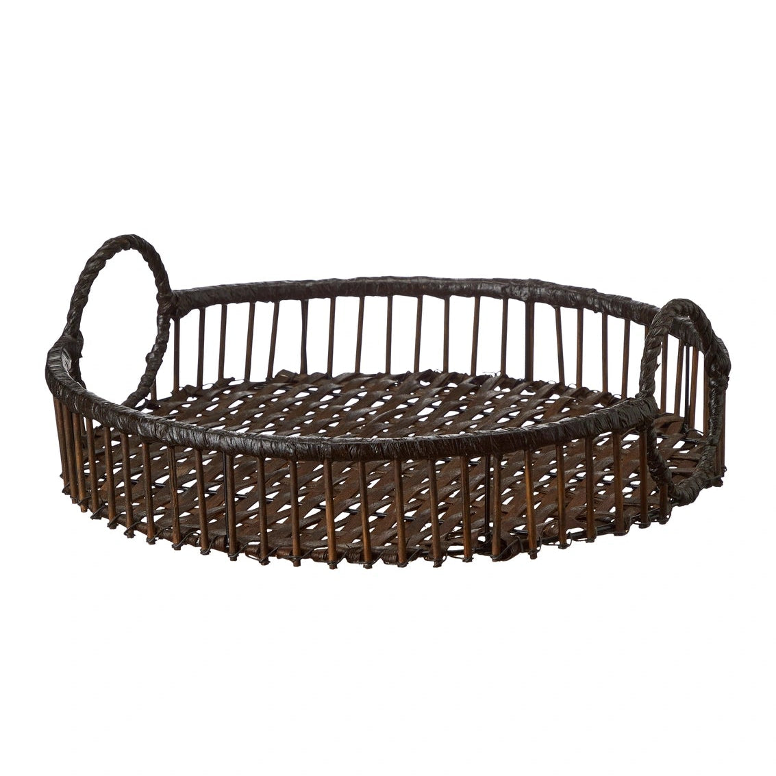 A brown bamboo serving tray with a handle, placed against a white background.