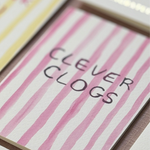 Clever clogs congratulations card with pink stripe design