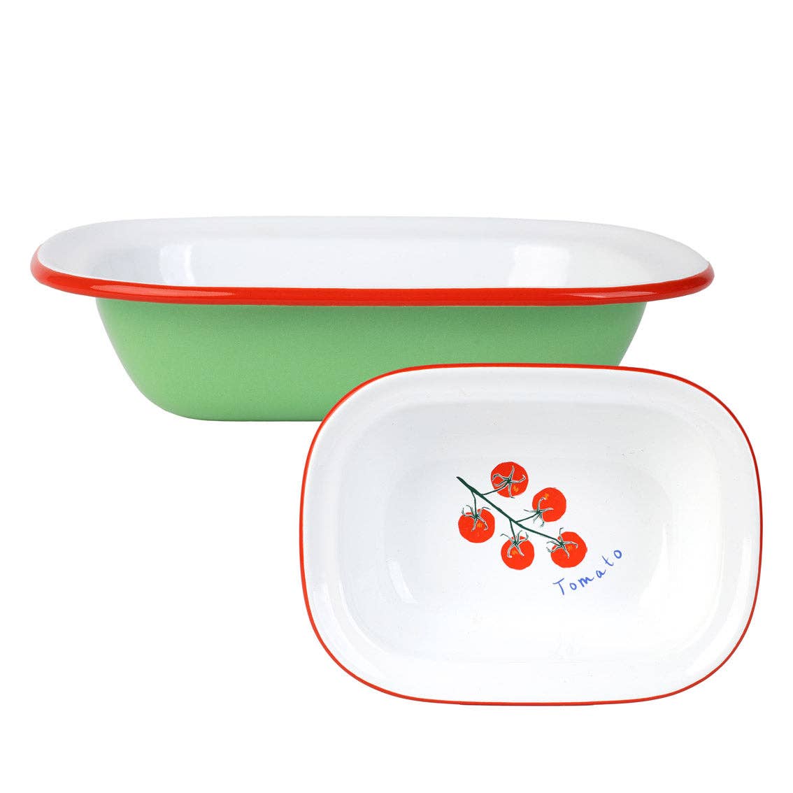 Green enamel oven dish with red tomato design from the Bon Appétit collection, 20cm diameter