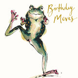 Birthday Moves birthday card featuring a dancing frog with gold foil embossed lettering, printed on heavyweight FSC-certified card with a soft matt finish.