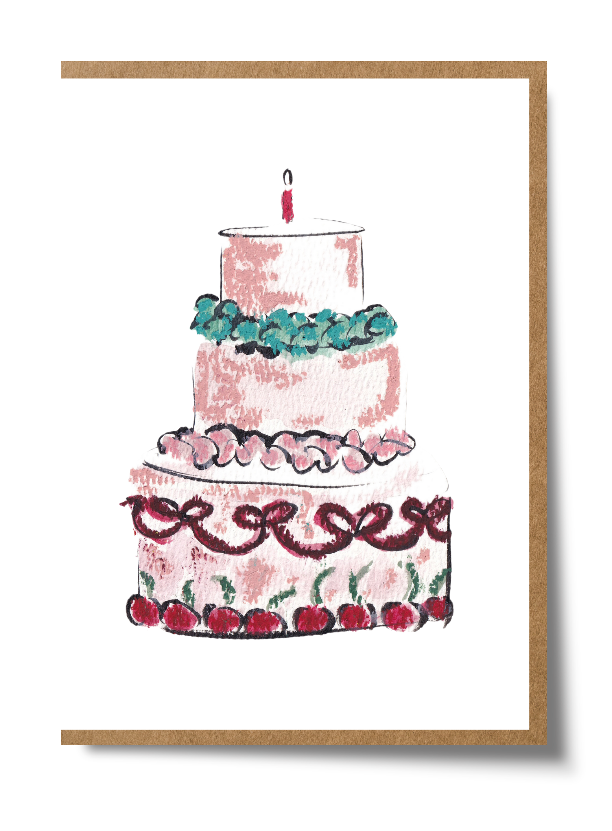 Pink cake birthday card with handpainted watercolour design