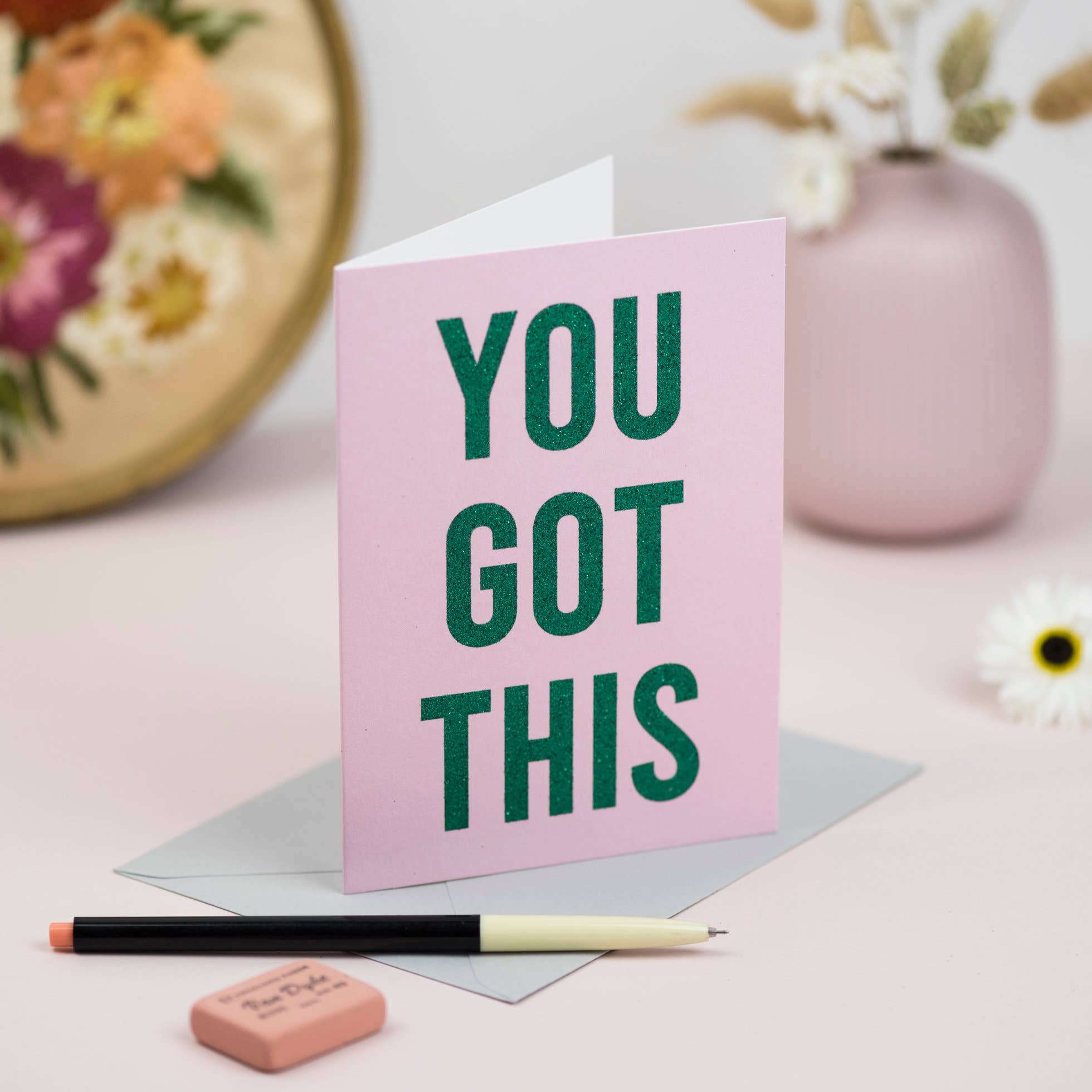 You Got This pink and green glitter greetings card with bold typography and biodegradable glitter finish.