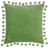 Dora Square Cushion – Leaf Green Cotton Velvet with Pom-Pom Trim