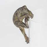 Brown resin hanging frog ornament perched on the edge of a plant pot, decorative garden accessory for indoor and outdoor plants.