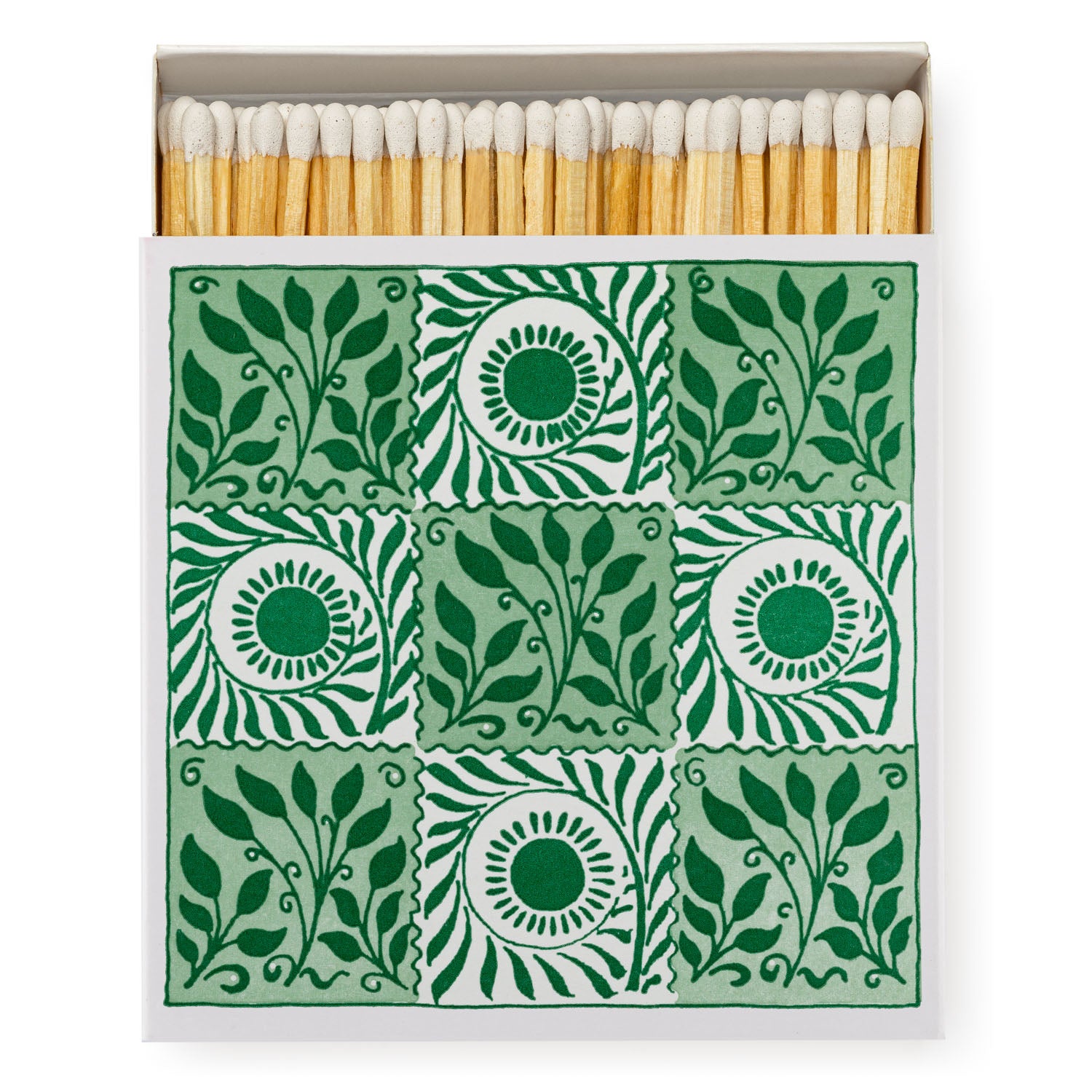 Green and white arts and crafts box of matches