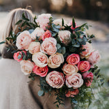 Luxury pink rose bouquet with Hermosa, Pink Mondial and garden roses with eucalyptus foliage