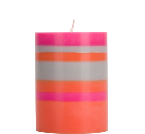 hand-poured striped pillar candle in bold bands 