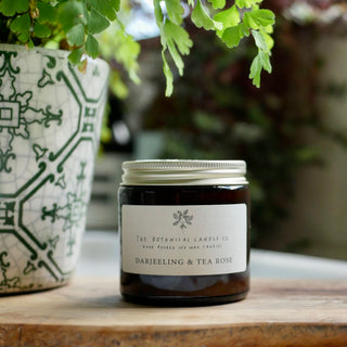 The Botanical Candle Company - Darjeeling & Tea Rose Scented Soy Candle in an Amber Jar