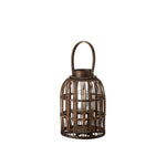A brown bamboo lantern with a handle on top, woven in a cylindrical shape, designed to hold candles.