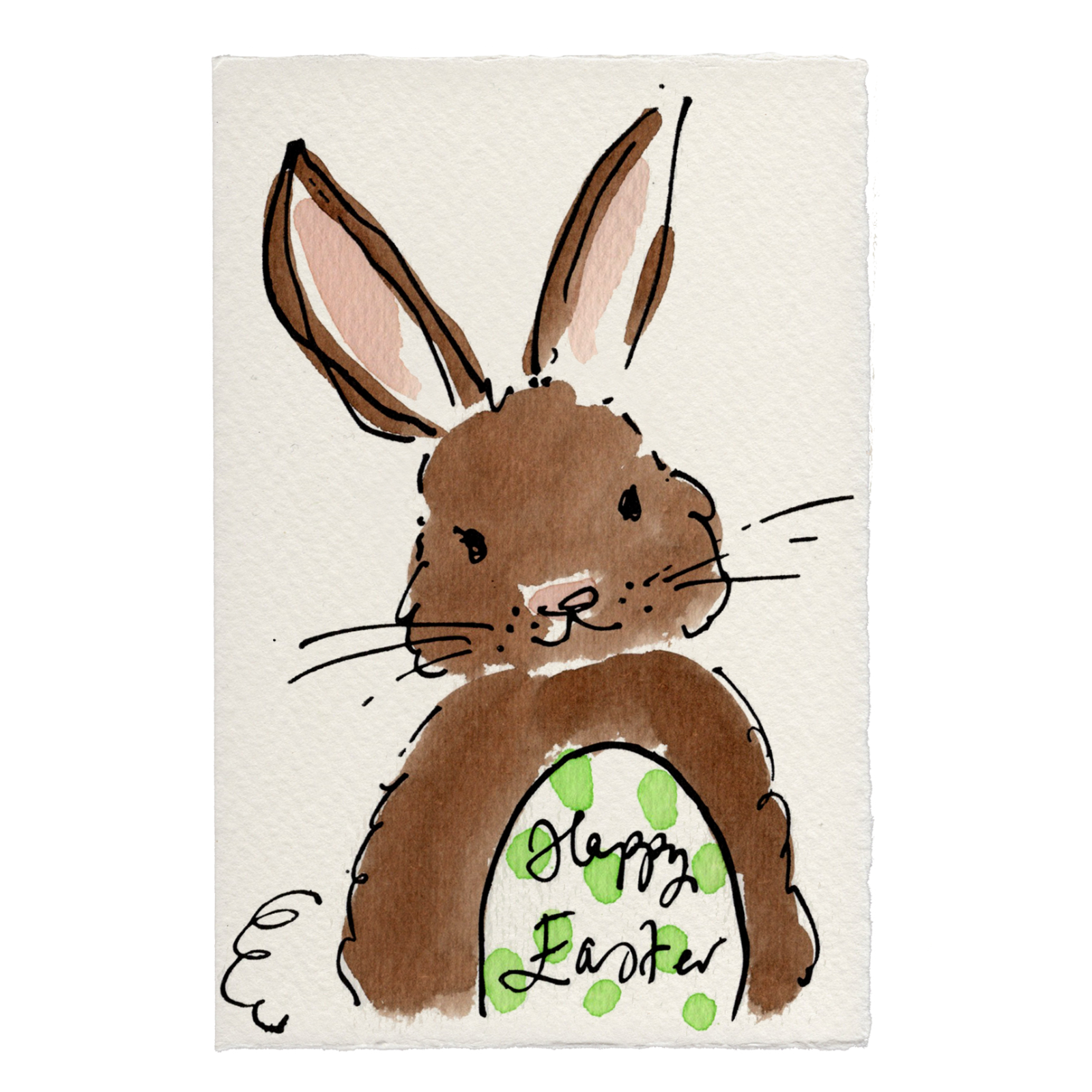 Illustration of a brown bunny with 'Happy Easter' on a green polka dot egg, on a beige background.