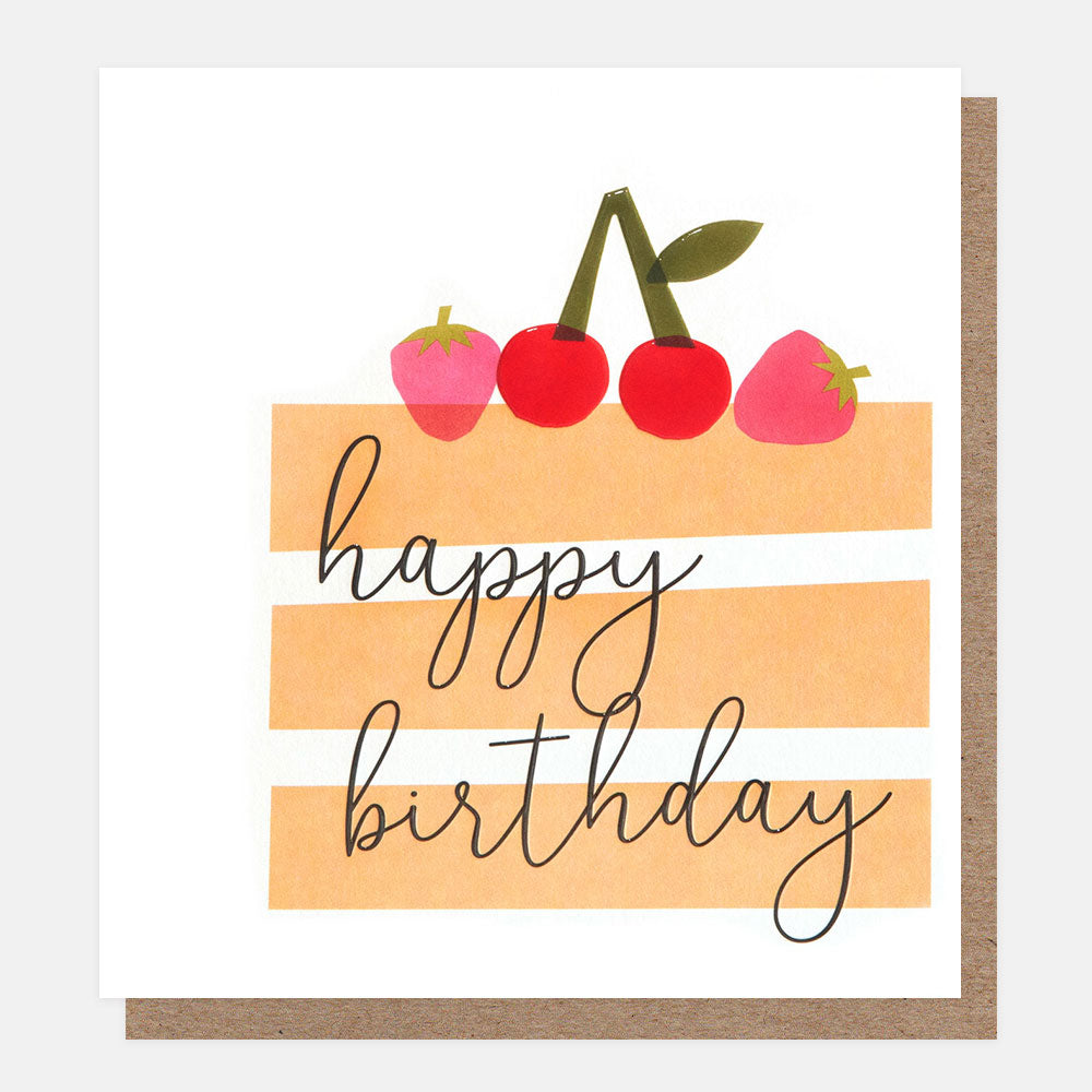 Happy Birthday greeting card featuring a pink cake with cherries, gold foil and embossed detailing.