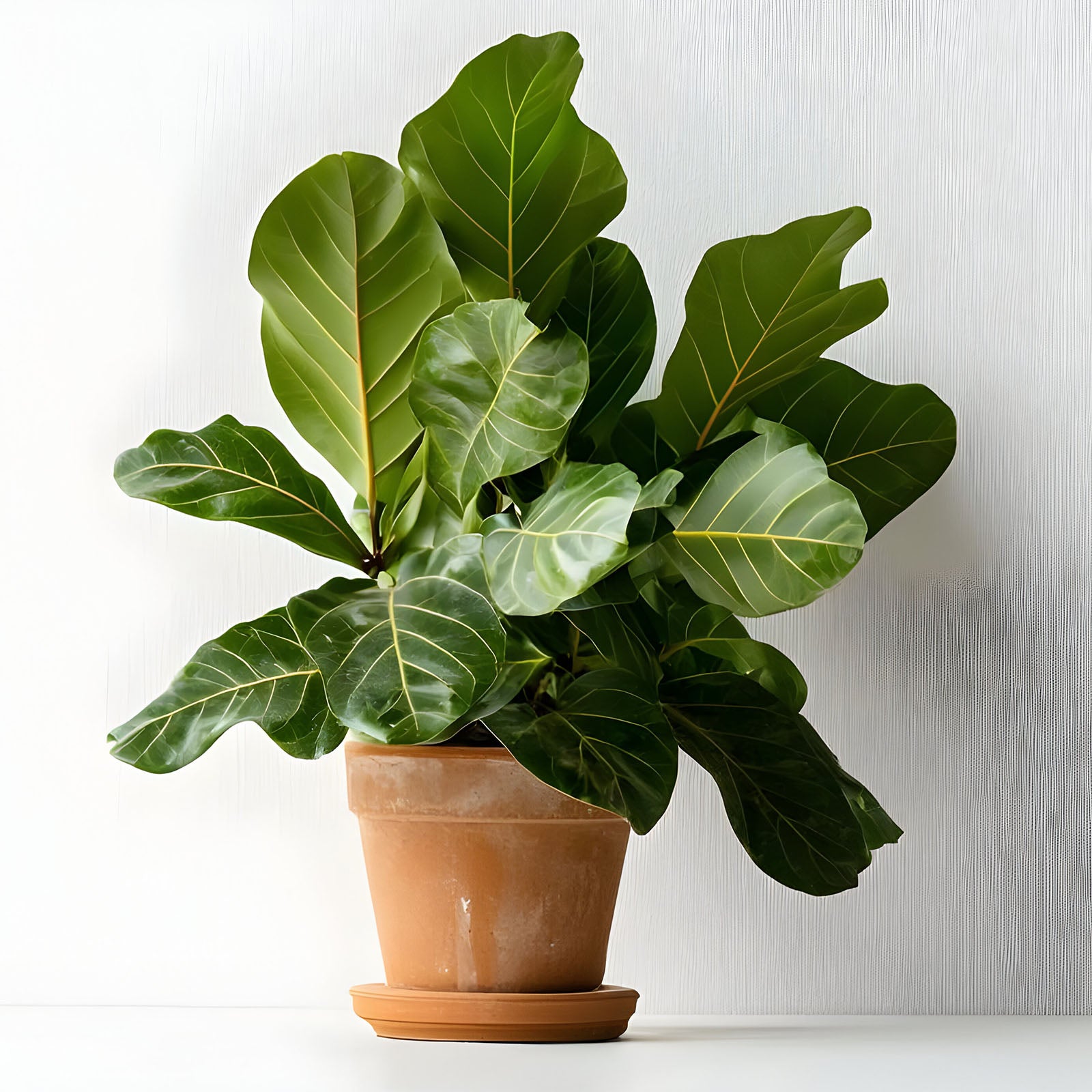 Potted fiddle leaf fig plant on a white surface with a neutral background