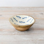 Wood and enamel bowl with fish design
