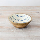 Wood and enamel bowl with fish design