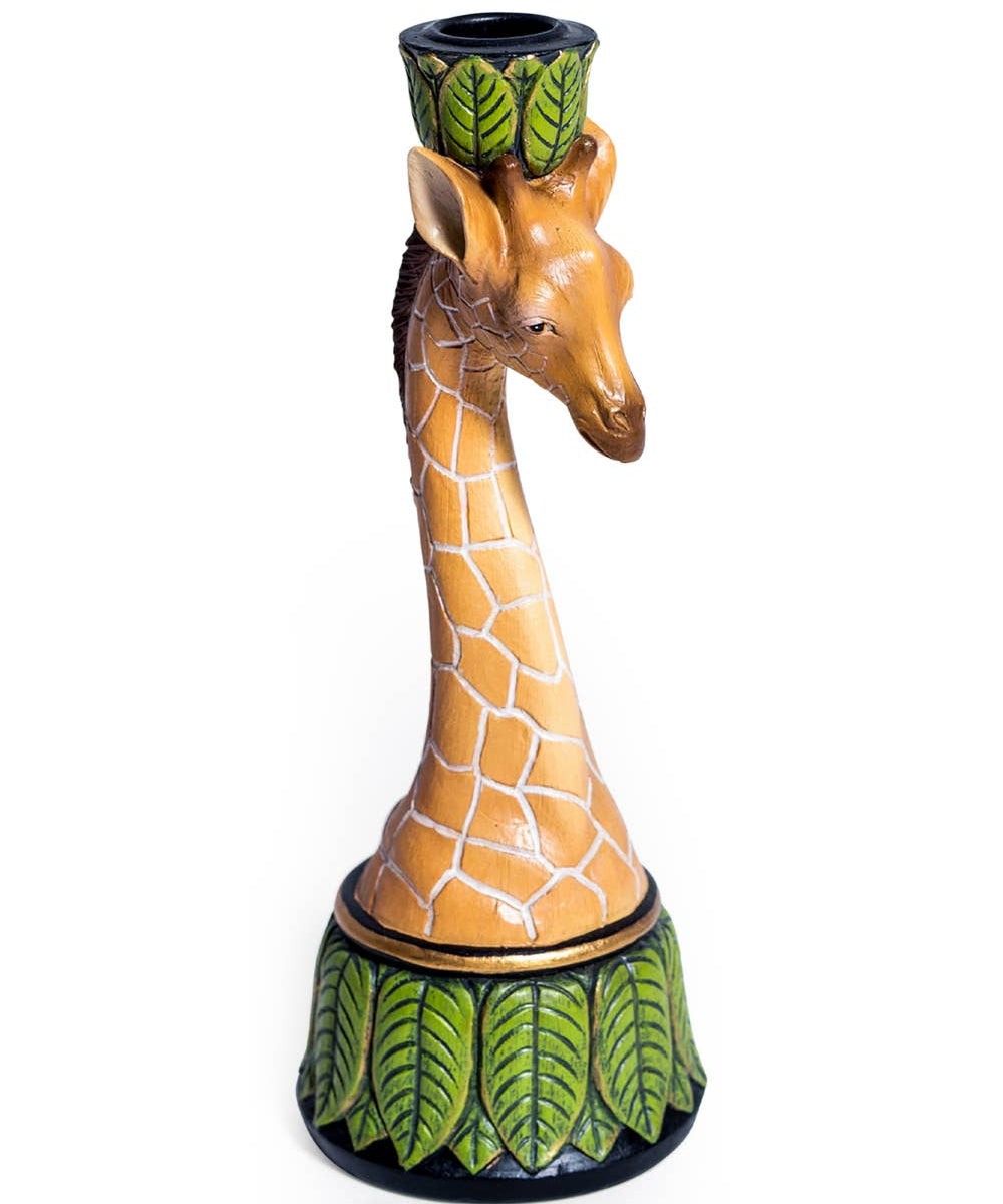 A candlestick designed with a giraffe motif, featuring leaf patterns on the base and a giraffe's head as the holder.