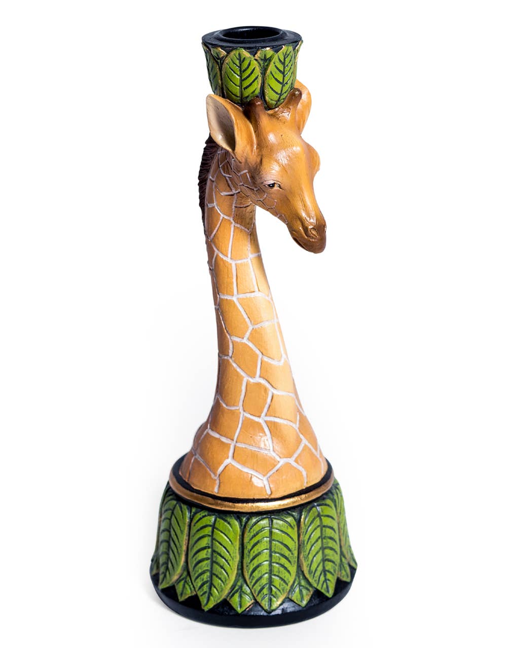 A candlestick designed with a giraffe motif, featuring leaf patterns on the base and a giraffe's head as the holder.