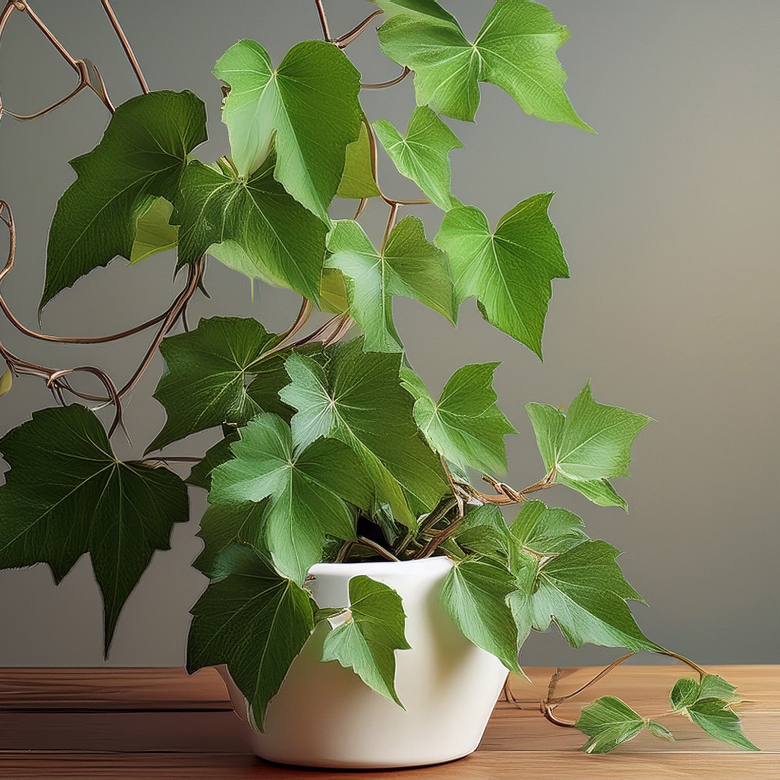 Potted Grape Ivy plant, Cissus rhombifolia, on a wooden surface against a neutral background