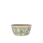 Melinda green and white stoneware planter with botanical foliage, butterfly and fauna pattern, styled with indoor plants in a bright home interior.