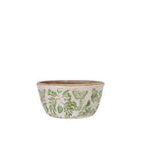 Melinda green and white stoneware planter with botanical foliage, butterfly and fauna pattern, styled with indoor plants in a bright home interior.