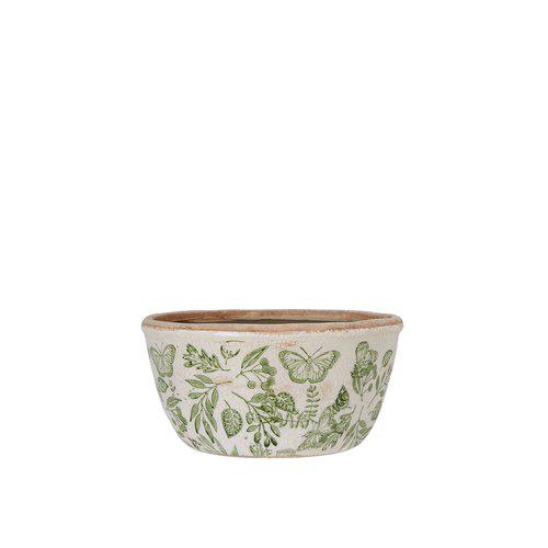 Melinda green and white stoneware planter with botanical foliage, butterfly and fauna pattern, styled with indoor plants in a bright home interior.