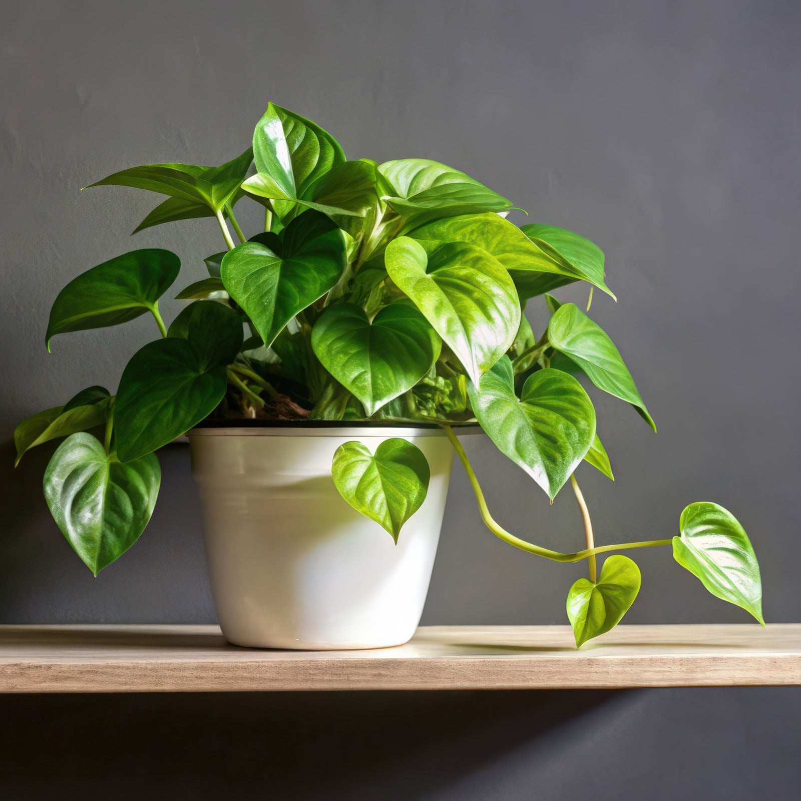 Potted Heartleaf Philadendron plant in a plain white pot on a wooden shelf.