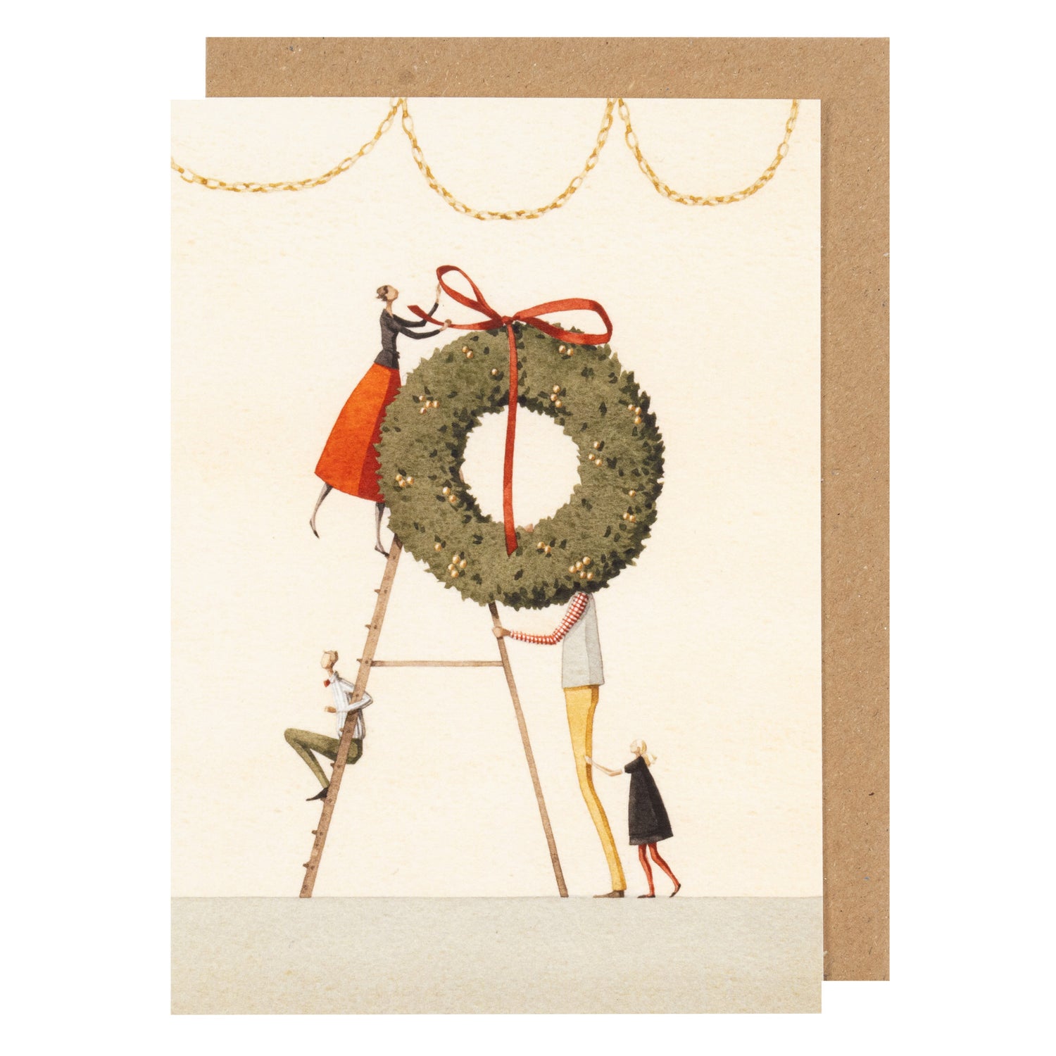 Illustrated greeting card with people decorating a Christmas wreath on a white background