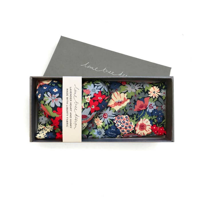 Boxed Liberty fabric lavender heart and hanky