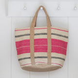 Jute Basket Bag with Pink Stripe | Woven Market & Beach Bag