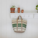 Jute Basket Bag with Green Stripe | Woven Market & Beach Bag