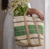 Jute Basket Bag with Green Stripe | Woven Market & Beach Bag