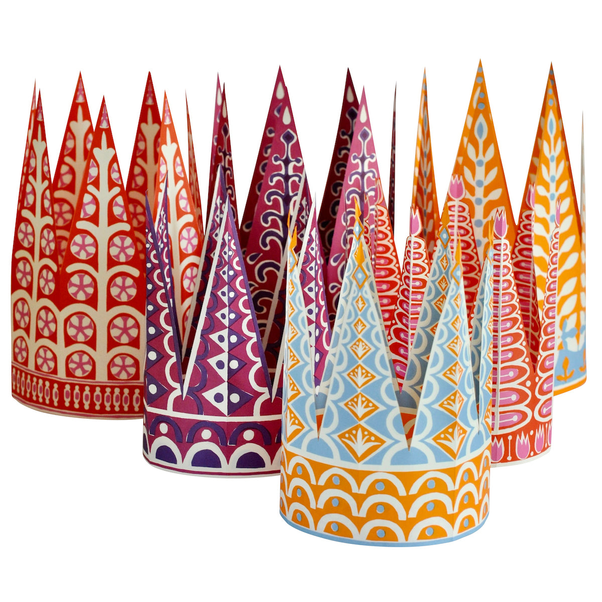 Six decorative paper party crowns