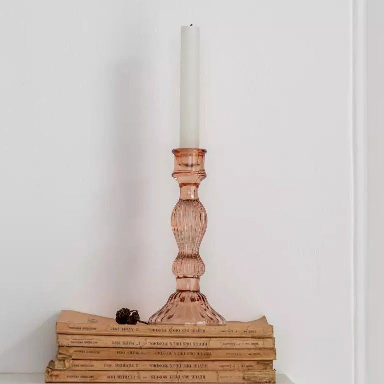Pale pink glass candlestick
